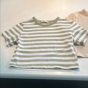 women’s Striped Green & White Short-Sleeve/ Tan, SET OF TWO, size L women’s